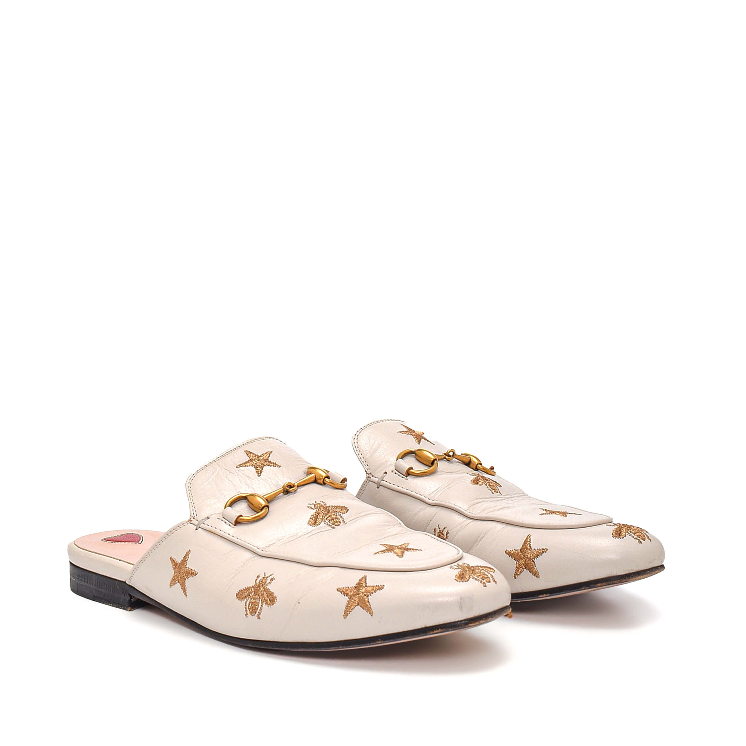 Gucci - White Leather Horsebit Star Detail Slipper